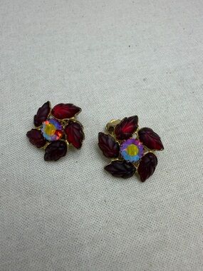Vintage West German Clip Earrings Red Leaf Motif and Iridescent Center